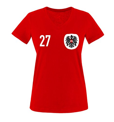 Trikot - ÖSTERREICH - 27 - Damen V-Neck T-Shirt - Rot/Weiss-Schwarz Gr. M von Comedy Shirts