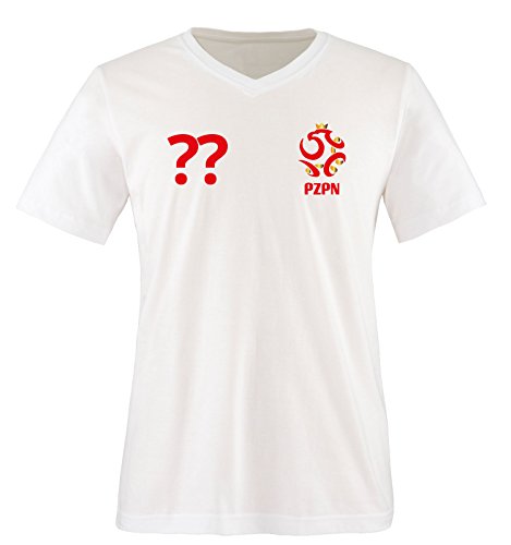 Trikot - PO - WUNSCHDRUCK - Herren V-Neck T-Shirt - Weiss/Rot-Gold Gr. M von Comedy Shirts