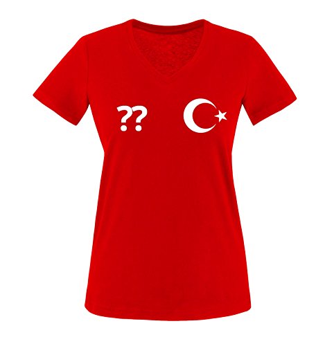Trikot - TÜR - WUNSCHDRUCK - Damen V-Neck T-Shirt - Rot/Weiss Gr. S von Comedy Shirts