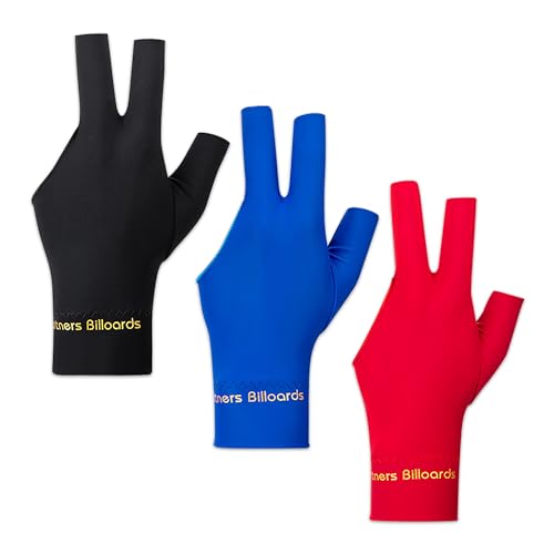 Comidox 3-teiliger Billardqueue-Handschuh für Männer und Frauen, elastisches Lycra, für Linke Hand, 3 Finger, für Shooter/Karom/ Pool/Snooker, Rot/Blau / Schwarz von Comidox