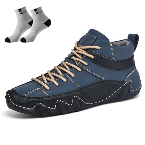 Conquerory Orthopädische Lederschuhe, Bequeme Leder-Stiefeletten Mit Fußgewölbeunterstützung Für Plantarfasziitis, rutschfeste, Atmungsaktive Barfuß-Stiefeletten Für Den Außenbereich (Blau,46) von Conquerory