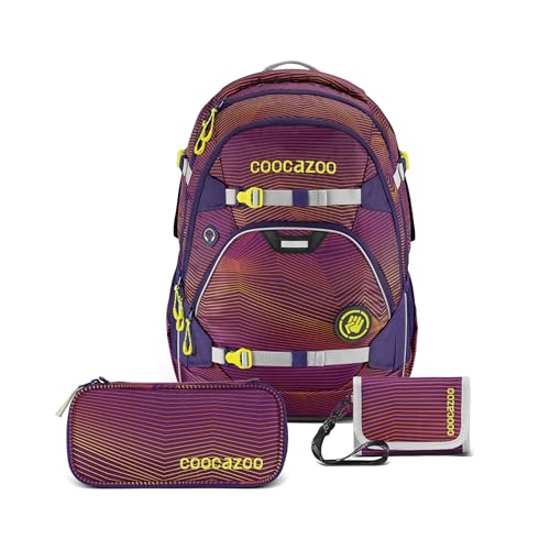 coocazoo Schulrucksack-Set „Soniclights Purple“ 3-teilig, lila, ergonomischer 30L Tornister, mit Brust- und Hüftgurt für Kinder ab der 5. Klasse, inkl. Federmäppchen und Geldbeutel von Coocazoo