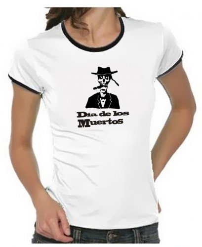 Coole-Fun-T-Shirts Dia de los Muertos Mexiko Girly Ringer Weiss/schwarz, Gr.L von Coole-Fun-T-Shirts