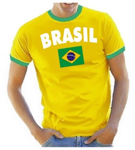 Coole-Fun-T-Shirts Herren T-Shirt Brazil BRASILIEN fußball, gelb Ringer Gr.M von Coole-Fun-T-Shirts