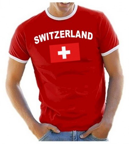 Coole-Fun-T-Shirts Herren T-Shirt Schweiz - Switzerland fußball, rot Ringer Gr.L von Coole-Fun-T-Shirts