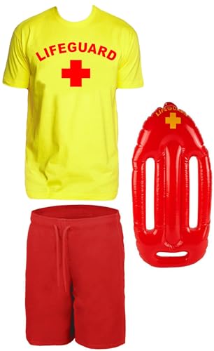 Lifeguard Schwimmboje Kostüm Rettungsschwimmer 3 teilig Set t-Shirt Rot Badehose Neongelb Gr.XL von coole-fun-t-shirts