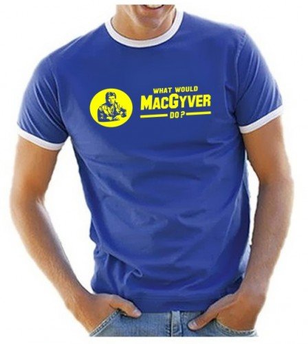 Coole-Fun-T-Shirts MACGYVER What Would Mac Gyver do ? Druck : GELB Ringer T-Shirt Royalblau Gr.L von Coole-Fun-T-Shirts
