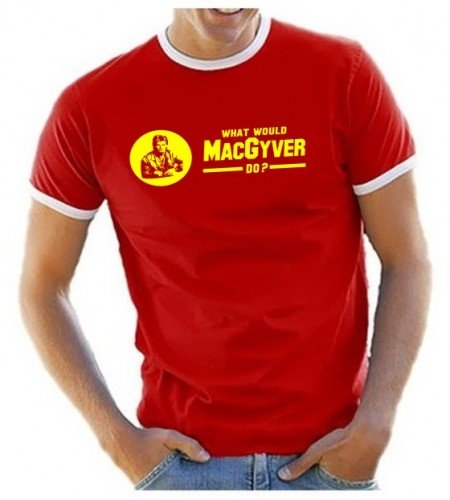 Coole-Fun-T-Shirts MACGYVER What Would Mac Gyver do ? Druck : GELB Ringer T-Shirt rot Gr.M von Coole-Fun-T-Shirts