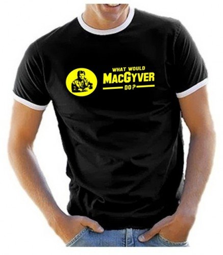 Coole-Fun-T-Shirts MACGYVER What Would Mac Gyver do ? Druck : GELB Ringer T-Shirt schwarz Gr.M von Coole-Fun-T-Shirts