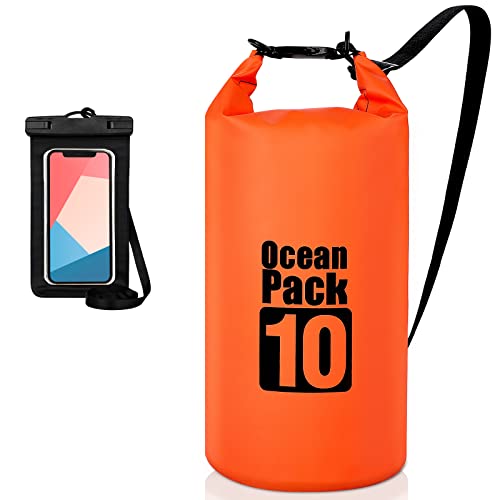 Coolzon Dry Bag-wasserdichte Tasche mit wasserdichte Handyhülle,Wasserdichter Beutel mit Verstellbarer Schultergurt für Kajak Rafting Bootfahren Wandern Camping Reisen Schwimmen,10L Orange von Coolzon