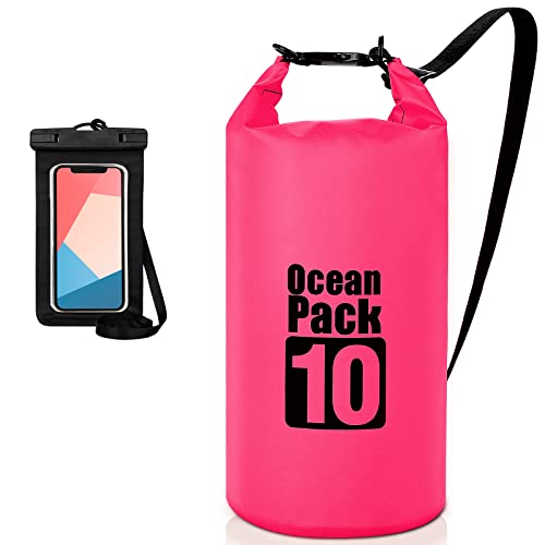 Coolzon Dry Bag-wasserdichte Tasche mit wasserdichte Handyhülle,Wasserdichter Beutel mit Verstellbarer Schultergurt für Kajak Rafting Bootfahren Wandern Camping Reisen Schwimmen,10L Rosa von Coolzon