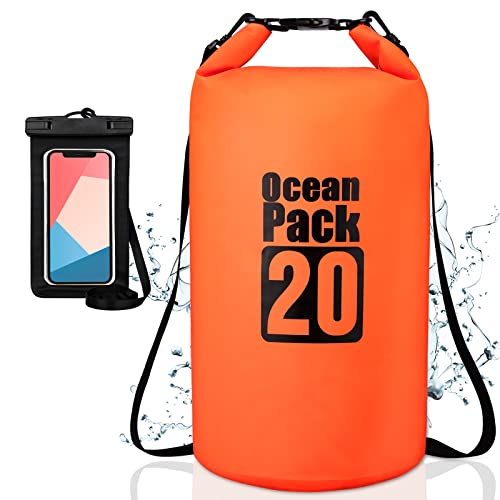 Coolzon Dry Bag-wasserdichte Tasche mit wasserdichte Handyhülle,Wasserdichter Beutel mit Verstellbarer Schultergurt für Kajak Rafting Bootfahren Wandern Camping Reisen Schwimmen,20L Orange von Coolzon
