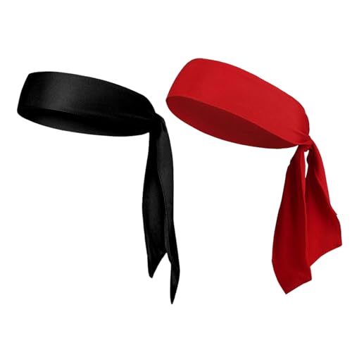 2 Stück Männer Krawatte Stirnband Verstellbares Stirnschweißband Rutschfestes Stirnband Piraten-Stirnband Sport-Stirnband für Männer Frauen Laufen Tennis Fitness Workout Radfahren (Schwarz + Rot) von Copbopwn