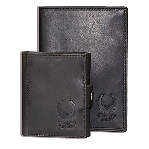 Corno d´Oro Geschenkset für Männer I RFID Leder Slim Wallet mit Münzfach & Reisepasshülle braun für Kreditkarten, Reisepass, Impfpass I Kreditkartenetui für Herren schwarz von Corno d´Oro