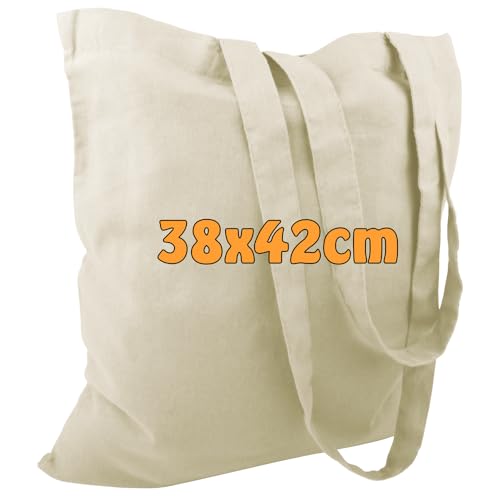 Cottonbagjoe 10 Baumwolltaschen | 38x42 cm | unbedruckt | mit zwei langen Henkeln | bemalbar | Öktex 100 zertifiziert | Jutebeutel | Stofftaschen von Cottonbagjoe