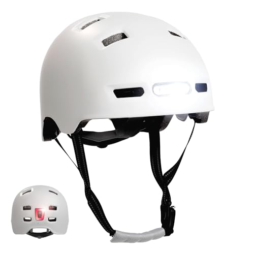Crazy Safety Vertigo Matt Weiß Fahrradhelm Vorder- und Rücklicht USB| Skater-Helm für Roller, Skateboard, Inline-Skates und BMX-Fahrräder, City-Fahrradhelm für Männer und Frauen | L 57-61cm von Crazy Safety