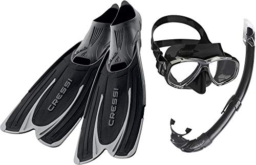 Cressi Agua - Flossen Self Adjusting Zum Tauchen/Apnoe/Schnorcheln und Schwimmen, Schwarz + Cressi Perla & Mexico, Premium Schnorchelset Erwachsene, Schwarz von Cressi