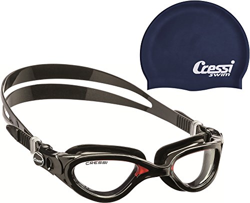 Cressi Flash Premium Schwimmbrille Antibeschlag und 100% UV Schutz + Badekappe Silicone Cap Dunkelblau von Cressi