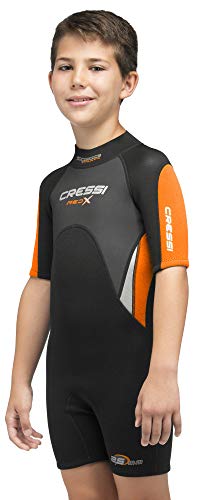 Cressi Unisex-Kinder Med X Jr Wetsuit 2.5mm Shorty Neoprenanzug Ideal zum Schnorcheln und Tauchen in gemäßigten Gewässern, Schwarz/Orange, M (10/11 Jahre) von Cressi