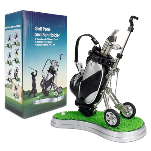 Crestgolf Desktop Golf Souvenir Set mit 3 Stiften in Form von Golfschlägern, einem Miniatur-Golftaschenhalter mit neuartigem Golf-Geschenkset -yellow1 von Crestgolf