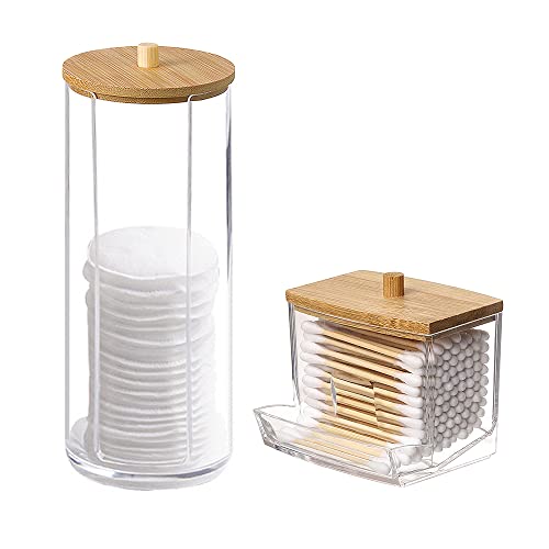 Csirnto 2 Stück Wattestäbchen Spender aus Acryl Wattestäbchen Behälter Wattepadspender Wattepads Aufbewahrung Make up Organizer Set mit Deckel aus Bambus für Badezimmer von Csirnto