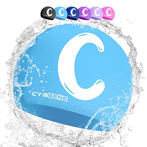 CybGene Silikon Initiale Namen Badekappe für Kinder, Kind Buchstabe Schwimmkappe Bademütze für Kinder Schwimmunterricht-Großer Kopfumfang-Blau-C von CybGene