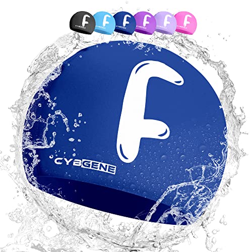 CybGene Silikon Initiale Namen Badekappe für Kinder, Kind Buchstabe Schwimmkappe Bademütze für Kinder Schwimmunterricht-Großer Kopfumfang-Navy Blau -F von CybGene
