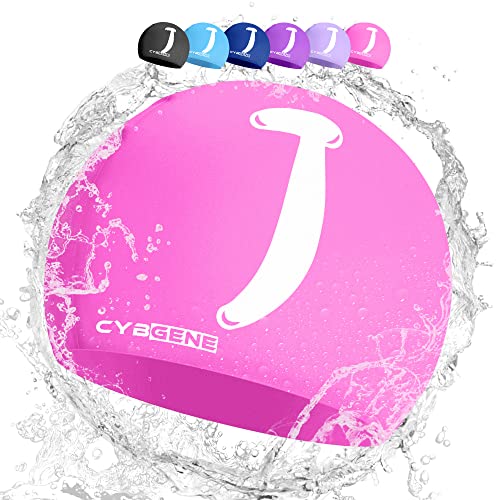 CybGene Silikon Initiale Namen Badekappe für Kinder, Kind Buchstabe Schwimmkappe Bademütze für Kinder Schwimmunterricht-Kleiner Kopfumfang-Rosa-J von CybGene