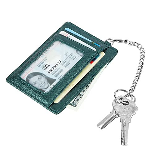Damen & Herren Echtes Leder RFID Blocking Kartenhalter Dünn Slim Minimalistische Fronttasche Geldbörse mit Schlüsselanhänger, dunkelgrün, Minimalistisch von Cynure