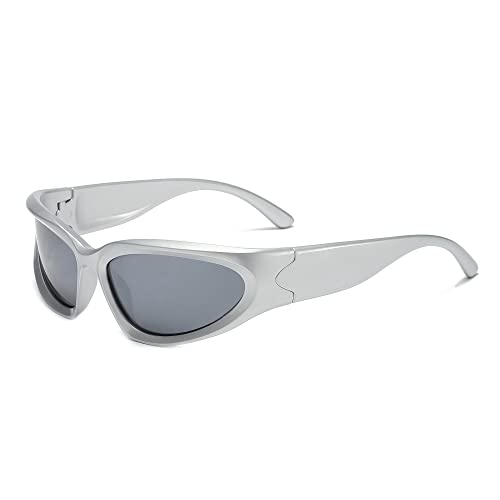 Cyxus Y2K Sonnenbrille Polarisiert Sonnenbrille Wrap-Around Rahmen UV400 Schutz für Radsport Reisen Fahren Angeln Golf（1083 Silber） von Cyxus
