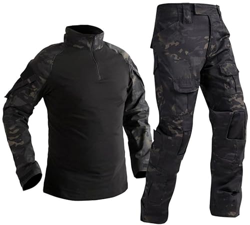 Czen Herren Tactical Shirt Militär Hemden Langarm Shirts Hosenanzüge Airsoft BDU Shirt Paintball Camouflage Outfit (BlackCp, 3XL) von Czen