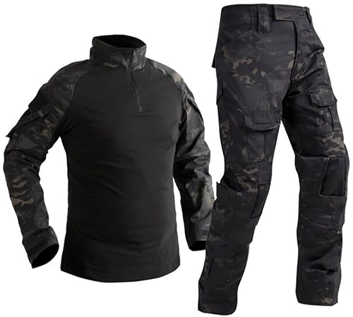 Czen Herren Tactical Shirt Militär Hemden Langarm Shirts Hosenanzüge Airsoft BDU Shirt Paintball Camouflage Outfit (BlackCp, XL) von Czen