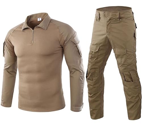 Czen Herren Tactical Shirt Militär Hemden Langarm Shirts Hosenanzüge Airsoft BDU Shirt Paintball Camouflage Outfit (Khaki, 3XL) von Czen