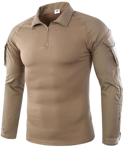 Czen Herren Taktisches Hemd Military Combat Shirts 1/4 Reißverschluss Langarm T-Shirt Outdoor Tarnhemden für Airsoft Paintball Wandern, Khaki, XL von Czen