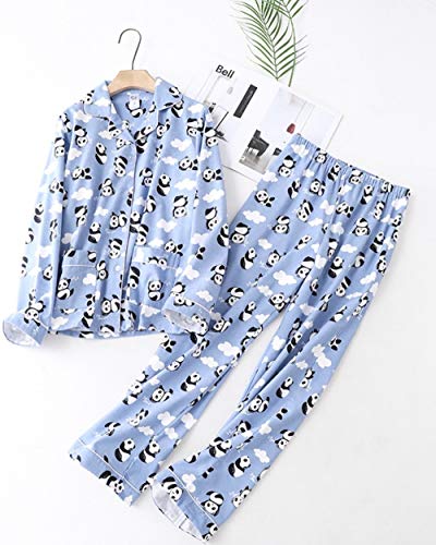 Damen Zweiteil Schlafanzüge,Hellblaue Baumwolle Revers Nachtwäsche Hosen Panda Print Damen Winter Herbst Warm Pyjama Sets Strick Loungewear Für Damen, L. von DAOD