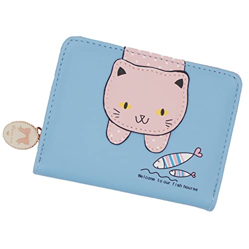 DARBEY Damen Katzen Portemonnaie, süßes Katzen Portemonnaie mit Reißverschluss, Kätzchen Geldbörse, Mini-Geldbörse für Mädchen aus Kunstleder, Mini-Katzen-Geldbörse, Blau von DARBEY