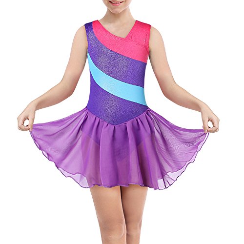 DAXIANG Gymnastik-Turnanzug für Mädchen Lange Ärmel Ärmellose Rainbow Stripes mit Ballett Tüll Kleid Rock (Purple, 160(12-13Y)) von DAXIANG