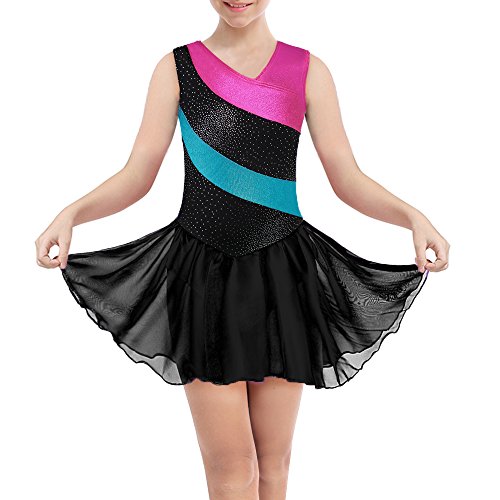 DAXIANG Gymnastik-Turnanzug für Mädchen Longsleeve ärmellose Rainbow Stripes mit Ballett Tüll Kleid Rock (Black(Sleeveless), 130(6-7Y)) von DAXIANG