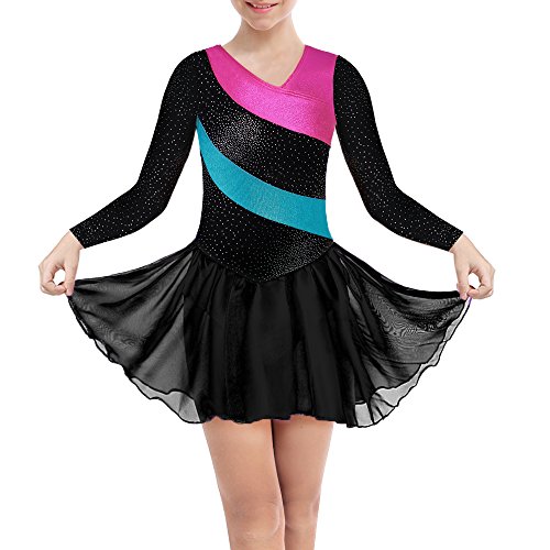DAXIANG Gymnastik-Turnanzug für Mädchen Longsleeve ärmellose Rainbow Stripes mit Ballett Tüll Kleid Rock (Black, 120(4-5Y)) von DAXIANG