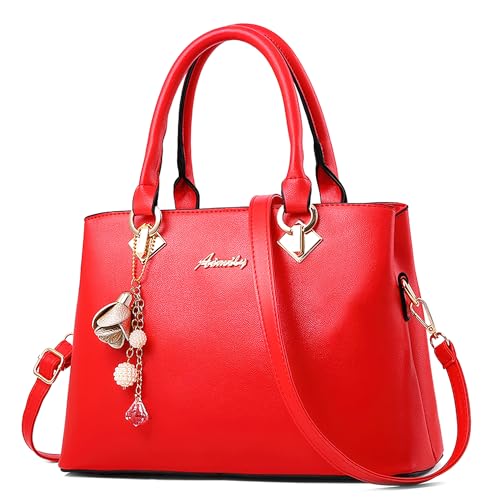 DEEVORCA Klassisch Damen Handtaschen Elegant Henkeltasche mit Mode Hängende Glocken Umhängetasche für Casual Business Reise Shopper Täglich Urlaub PU Leder Schultertasche Damen Tote Bag Rot von DEEVORCA