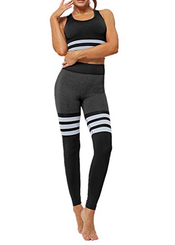 DEEWISH Damen Sport Leggings, Frauen BH Gestreifte Nahtlose Yoga-Anzug Anzug Gestrickte Hüften | Stretch Fitness Yogahose | Sporthose Tops und Hosen gesetzt von DEEWISH