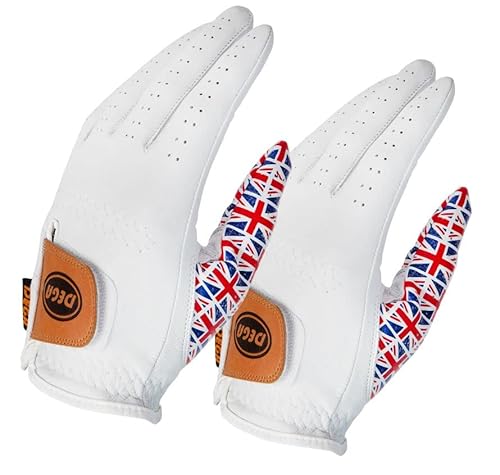 DEGA Golfhandschuhe für Herren, 100 % Cabretta-Leder, für Linkshänder, Daumen, Bedruckt (M/L, Union Jack Flag) von DEGA