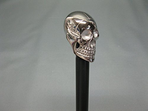 Edelstahl schwarz lackiert Gehstock Spazierstock Wanderstock 91cm Skull Totenkopf mit Metall Griff Walking Stick von DEKOEMPIRE