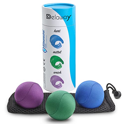 DELAWAY Anti Stressball Set Erwachsene - Hand Therapie Bälle in 3 Stärken - Knautschbälle inkl. Aufbewahrungstasche - Handtrainer - Relaxbälle zur Entspannung und Stressabbau (6 cm, blau, grün, lila) von DELAWAY