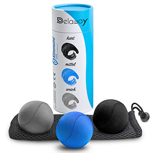 DELAWAY Anti Stressball Set Erwachsene - Hand Therapie Bälle in 3 Stärken - Knautschbälle inkl. Transporttasche - Handtrainer - Relaxbälle zur Entspannung & Stressabbau (6 cm, schwarz, hellblau, grau) von DELAWAY