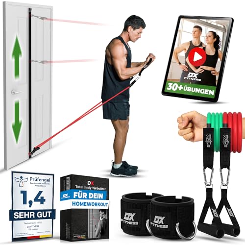 DX Fitness Höhenverstellbarer Türanker mit Fitnessbändern und WORKOUTVIDEOS, Türanker Resistance Bands Set, Fitnessgeräte für Zuhause, Kraftraining, Multi Expander Sportgeräte von DX Fitness