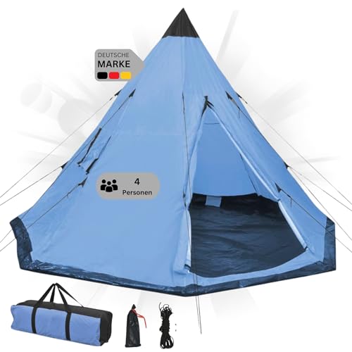 DELUKE® Campingzelt 4 Personen Tipi blau | regenfest, atmungsaktiv | Tipi Pyramidenzelt Familienzelt für 4 Personen Gruppenzelt Zelt Camping Zelt Outdoor Zelten von DELUKE