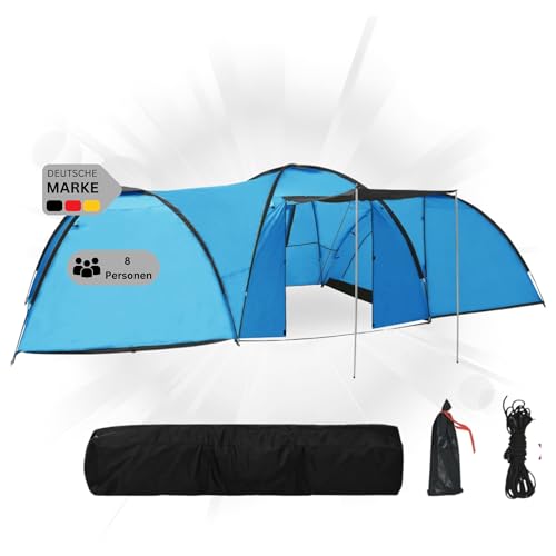 DELUKE® XXL Campingzelt 8 Personen Calli blau | regenfest, atmungsaktiv | Familienzelt groß Gruppenzelt Kuppelzelt Zelt Camping Zelt Outdoor Zelten von DELUKE