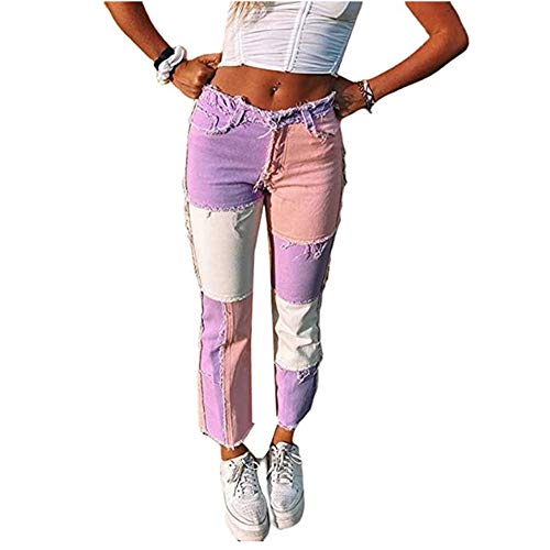 Hoch Taillierte Patchwork-Jeans Für Damen In Übergröße, Patch Flare-Jeanshose, Modische, Gerade Hose Und Sexy Vintage-Bleistifthose Für Lebhafte Frauen (Rosa,XXL) von DFGHA