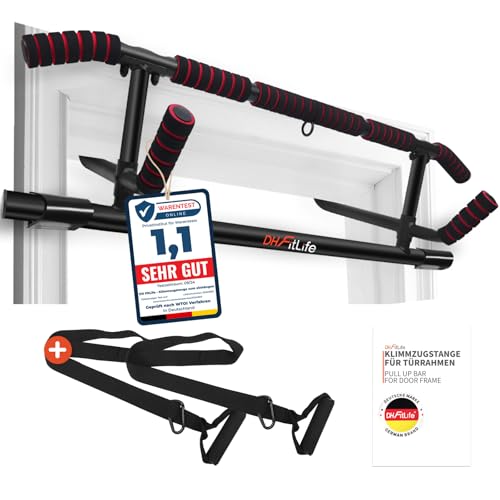 DH FitLife Klimmzugstange Türrahmen ohne Schrauben | Pull up bar Doorway | Reckstange Turnstange Türreck zum Einhängen | inkl. Schlingentrainer | Für Türrahmen 70-92cm von DH FitLife